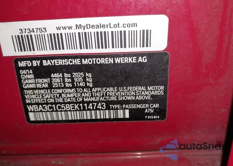 2014 BMW 328I z USA, uszkodzony, nr VIN WBA3C1C58EK114743